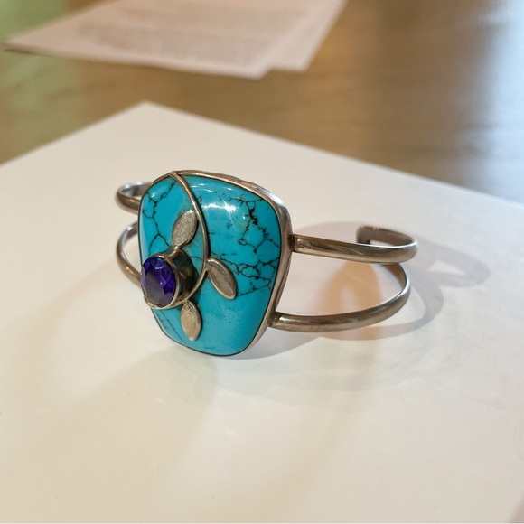 Vintage Sterling Silver Cuff Bracelet with Turquoise-Style Stone & Amethyst - Picture 3 of 10